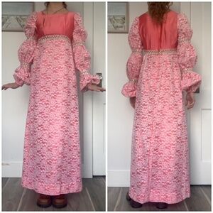 Vintage 70s Handmade Pink Satin Princess Dress Regency Gown
